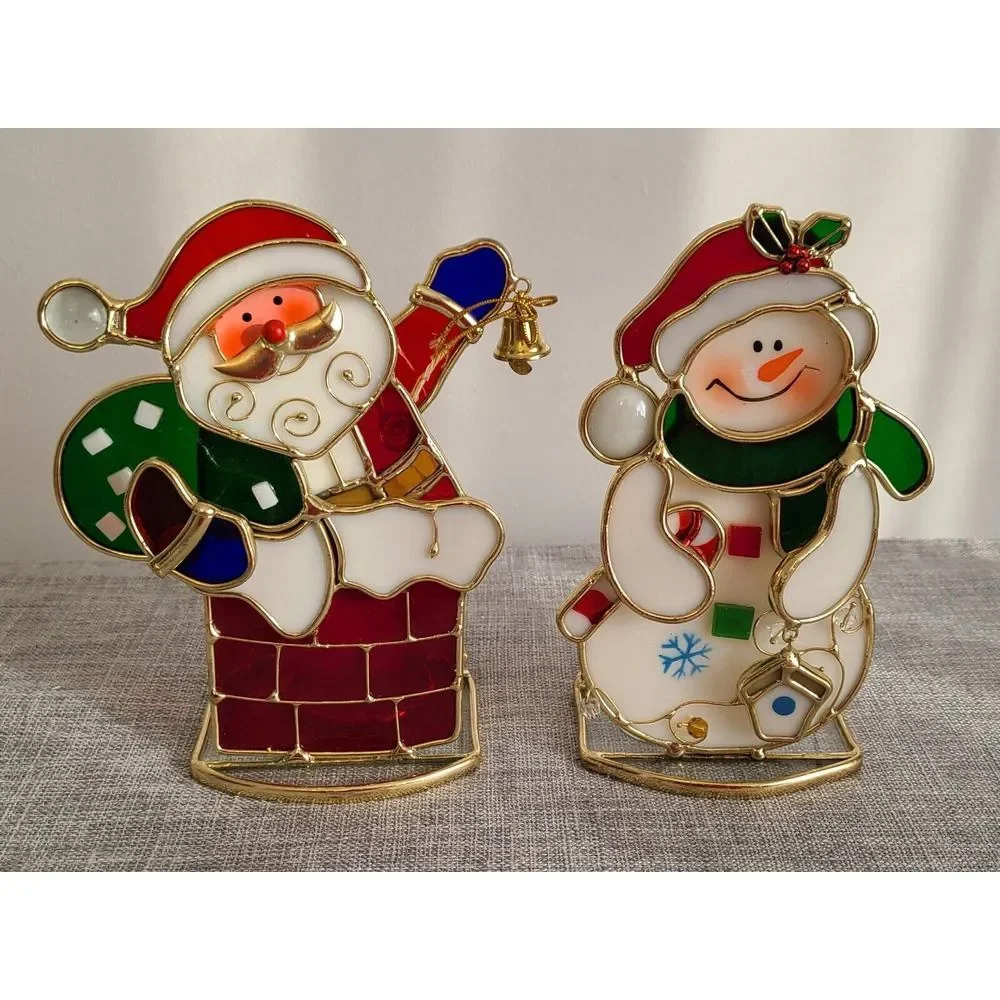 Beautiful Stained Glass Christmas Tea Lights Set Of 2 Snowman And Santa